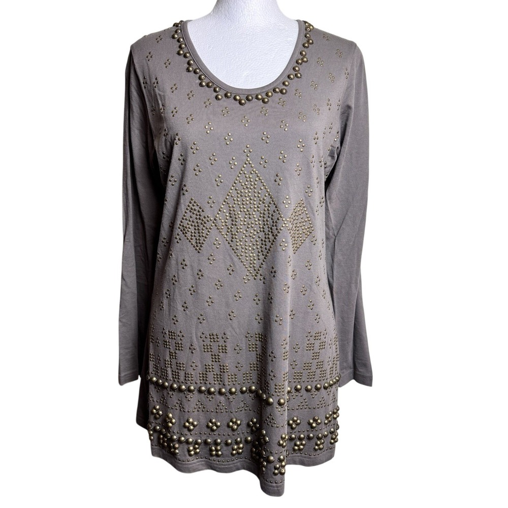 DG2 Diane Gilman S Womens‎ Studded Tunic Top Brown Embellished Long Sleeve Shirt